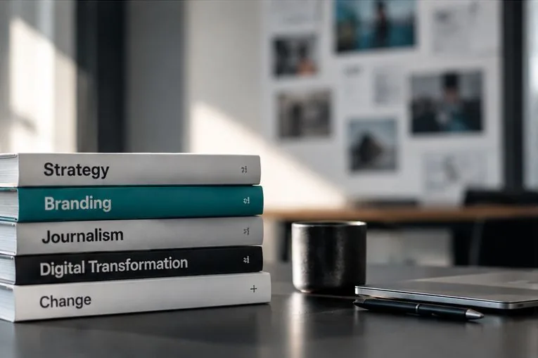 Gestapelte Bücher zu Strategie, Branding, Journalismus und digitaler Transformation