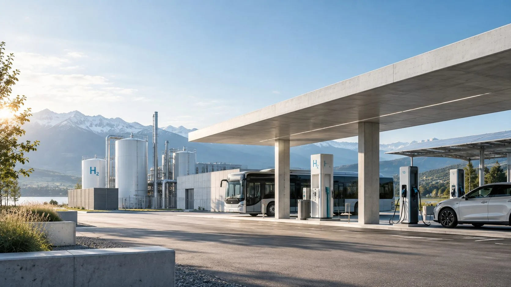 Wasserstoff- und Ladestation für Busse und Autos vor Bergpanorama